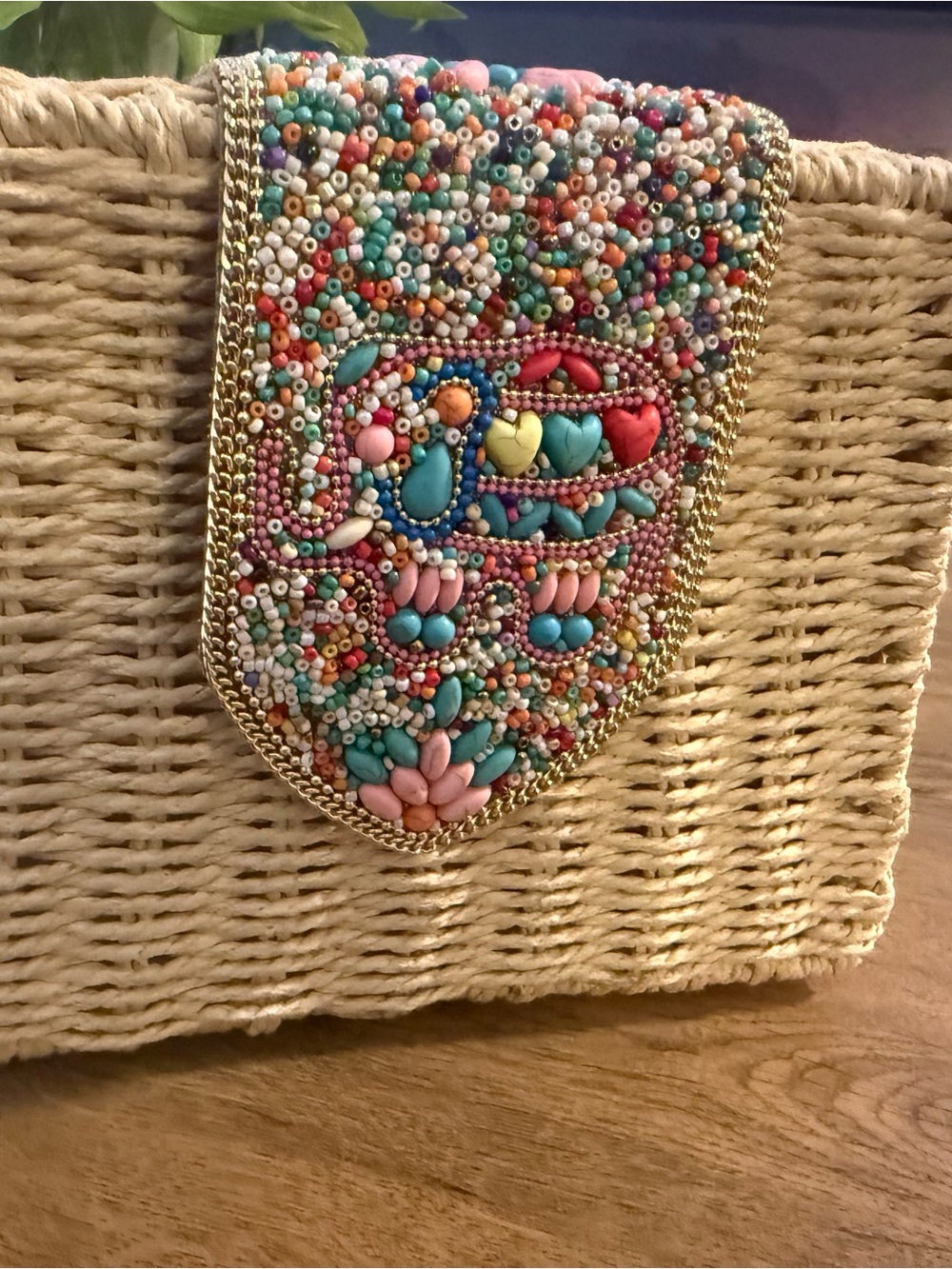 Beaded Flap Woven Straw Tote - Multicolor Bead Detail